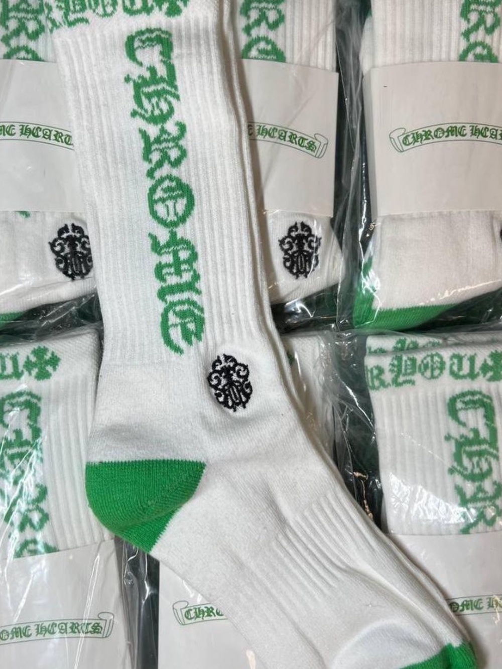 White & Green Crew Socks with Script Logo
